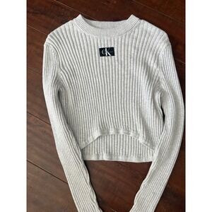 Calvin Klein Jeans Ribbed Cropped Mock Neck Sweater Women's Gray Long Sleeve